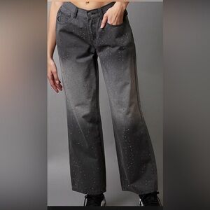 POL Wide Leg Crop Embellished Jeans - Gray - Size S